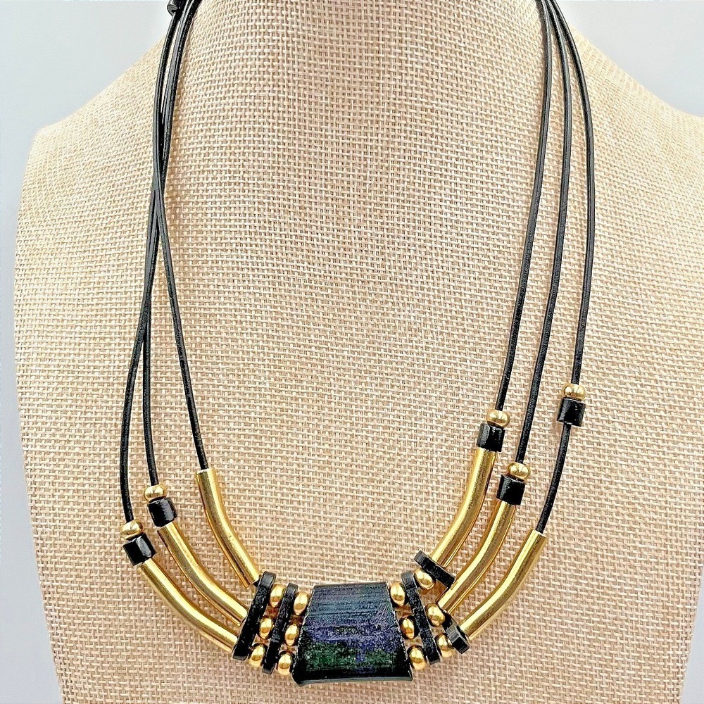 Vintage Geometric Multi-Strand Gold Tone & Black Leather Cord Statement Necklace